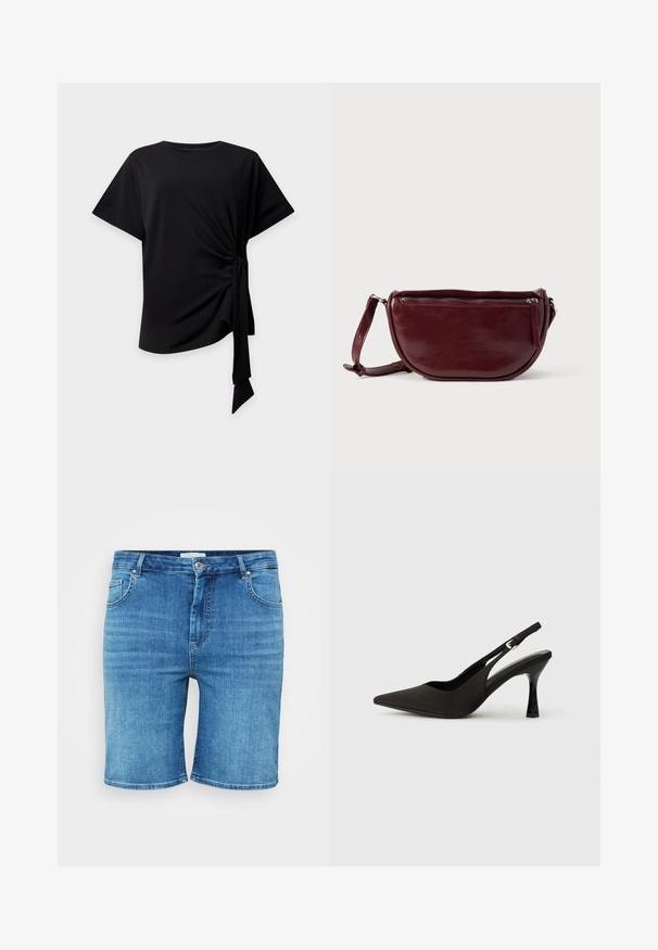 Zwarte top met korte mouwen, ronde halslijn en een knoopdetail aan de zijkant dat geplooide stof en een hangende strik creëert op een lichte achtergrond.; Denim short in een middelblauwe kleur, met een rechte snit, vijf-pocket ontwerp en een knoopsluiting. Zachte textuur, schone afgewerkte randen.; Zwarte slingback hakken met een spitse neus, een gladde matte afwerking en een slanke, glanzende hak. Verstelbare band met een klein gespdetail.; Dieprode lederen handtas met een halve-maansvorm, een ritssluiting en een afneembare riem. Gladde textuur met een subtiele glans.