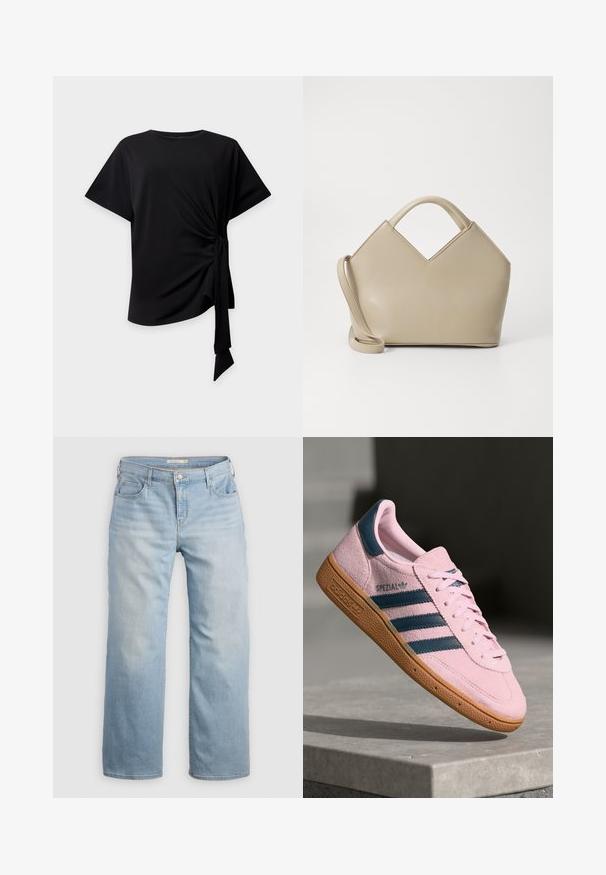 Zwarte top met korte mouwen, ronde halslijn en een knoopdetail aan de zijkant dat geplooide stof en een hangende strik creëert op een lichte achtergrond.; Lichtblauwe wijde jeans van denim. Heeft een hoge taille, vijf zakken en contrasterende stiksels. Gladde textuur met een vervaagde afwerking.; Lichtroze suède sneaker met marineblauwe drie strepen, rubberen zool en lichtroze veters. Heeft het "SPEZIAL"-logo aan de zijkant.; Beige gestructureerde handtas met een V-vormige bovenkant, van glad leder, korte handvatten en een lange verstelbare schouderriem. Minimalistisch ontwerp.