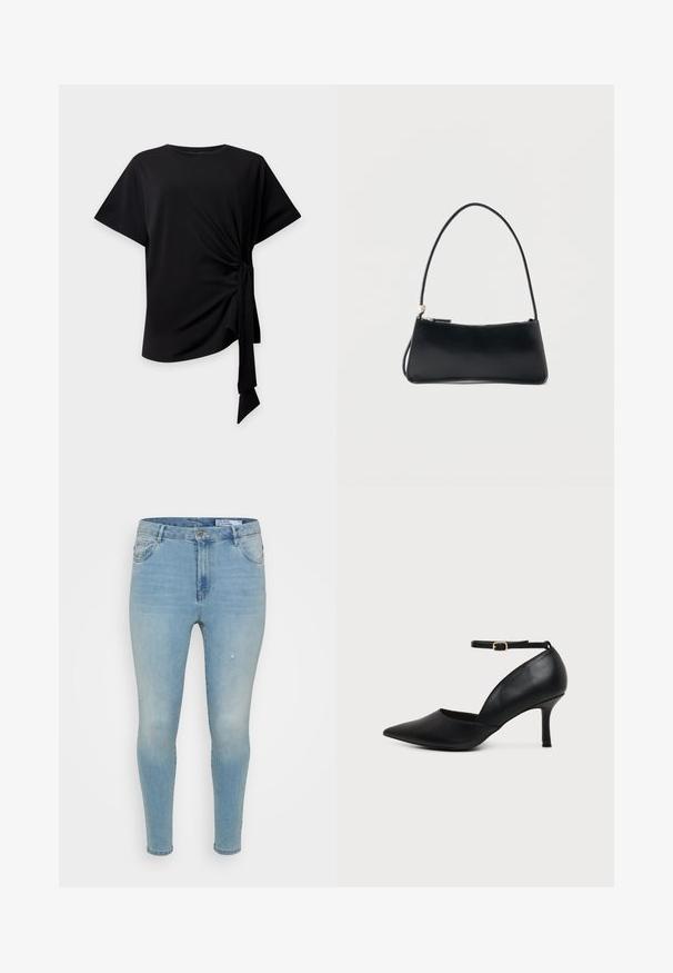 Sort top med korte ærmer, rund halsudskæring og knude i siden, der skaber samlet stof og et hængende bindebånd på en lys baggrund.; Lyseblå denimbukser med slim fit, der har en mellemhøj talje, klassisk fem-lomme design og subtile slidte detaljer på fronten.; Sort læder sko med spids tå, kitten heel, ankremme og gylden spænde på neutral baggrund.; Sort rektangulær håndtaske med tynd skulderrem og lynlåslukning, sat mod en enkel hvid baggrund.