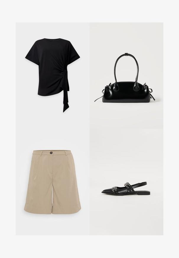 Schwarzes kurzärmliges Oberteil mit rundem Ausschnitt und seitlichem Knoten, der einen gerafften Stoff und eine hängende Schleife auf hellem Hintergrund erzeugt.; Khaki-Shorts aus leichtem Material, mit flacher Vorderseite, Falten, Knopfverschluss und umgeschlagenen Säumen. Einfaches und maßgeschneidertes Design.; Even&Odd by Zalando Sling-Ballerina - black; Kleine schwarze glänzende Handtasche mit zwei langen Griffen und seitlichen Kordelzug-Details vor einfachem hellem Hintergrund.