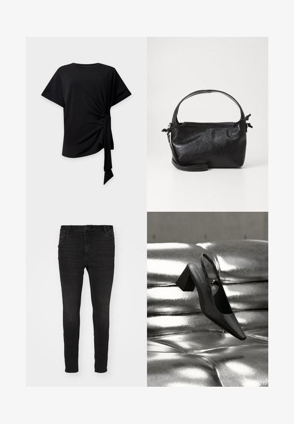 Čierny top s krátkym rukávom, okrúhlym výstrihom a detailom uzla na boku, ktorý vytvára nariasenú látku a visiacu stuhu na svetlom pozadí.; Vero Moda Curve Skinny fit VMCFLASH Mid rise - Džínsy skinny fit - black denim; Čierny podpätok so zadným pásikom a špicatou špičkou, s textúrovaným povrchom a hrubým blokovým podpätkom. Položený na lesklom kovovom pozadí.; Čierna kožená kabelka so štruktúrovaným dizajnom, okrúhlym horným uchom a odnímateľným ramenným popruhom. Má hladkú textúru a jemný lesk.