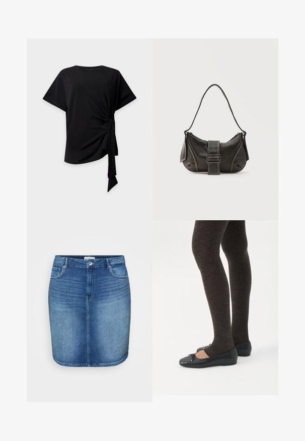 Sort top med korte ærmer, rund halsudskæring og knude i siden, der skaber samlet stof og et hængende bindebånd på en lys baggrund.; Denim nederdel i mellemblå vask med en tætsiddende design, lige snit, fem-lomme stil og en talje med knaplukning foran.; Ben iført mørke ribbede leggings kombineret med sorte balletsko med små sløjfedetaljer på hvid baggrund.; Sort læder skuldertaske med spænde på remmen, afrundede kanter og kontrasterende hvide syninger på en ensfarvet baggrund.