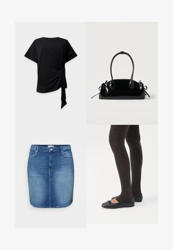 Must lühikeste varrukatega topp ümarate kaelustega ja külgmise sõlme detailiga, mis loob kokkupakitud kangast ja riputava lipsu heledal taustal.; Keskmise sinise pesu denim seelik, millel on istuv disain, sirge lõige, viis taskut ja vöökoht, millel on esine nööbi sulgemine.; Jalad seljas tumedad soonelises soonelises kombines mustade baleriinadega, millel on väikesed paelade detailid valgel taustal.; Väike must läikiv käekott kahe pika sangaga ja külgedel paelakinnitustega, ühel lihtsal helel taustal.