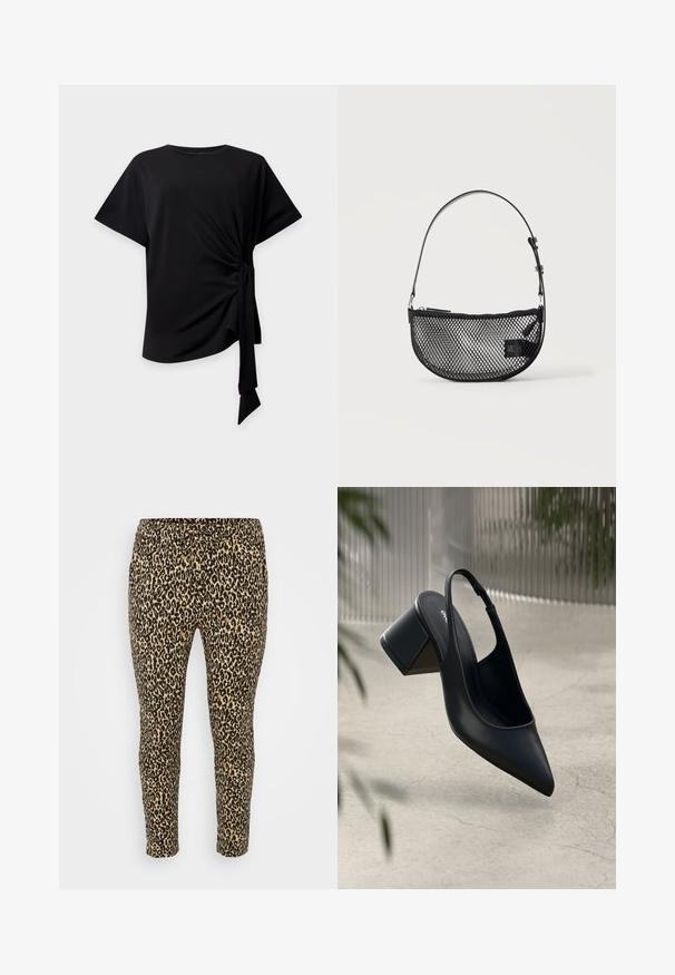 Top negro de manga corta con cuello redondo y detalle de nudo lateral que crea un tejido fruncido y una cinta colgante sobre un fondo claro.; Leggings con estampado de leopardo en tono beige y negro, que presentan una cintura con cordón, ajuste ceñido y una tela suave y elástica para mayor comodidad.; Zapato de tacón slingback de cuero negro con punta afilada y tacón cuadrado. Textura suave, diseño minimalista y correa ajustable en el tobillo.; Bolso de malla negra en forma de media luna con una correa corta ajustable de cuero y cierre de cremallera sobre un fondo claro y liso.