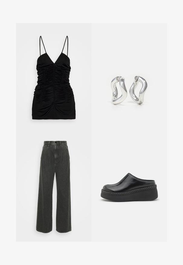 BITE Studios SIRENE - Top - black; Goldsign THE EDGAR TROUSER - Široké nohavice - vaughn; Čierne lesklé platformové dreváky s zaoblenou špičkou, zakriveným vrchom a kontrastným bielym prešívaním pozdĺž okraja podrážky.; Strieborné kruhové náušnice so skrúteným dizajnom. Zaoblené okraje a lesklý povrch. Otvorené zapínanie pre jednoduché nosenie. Hladká textúra po celej ploche.