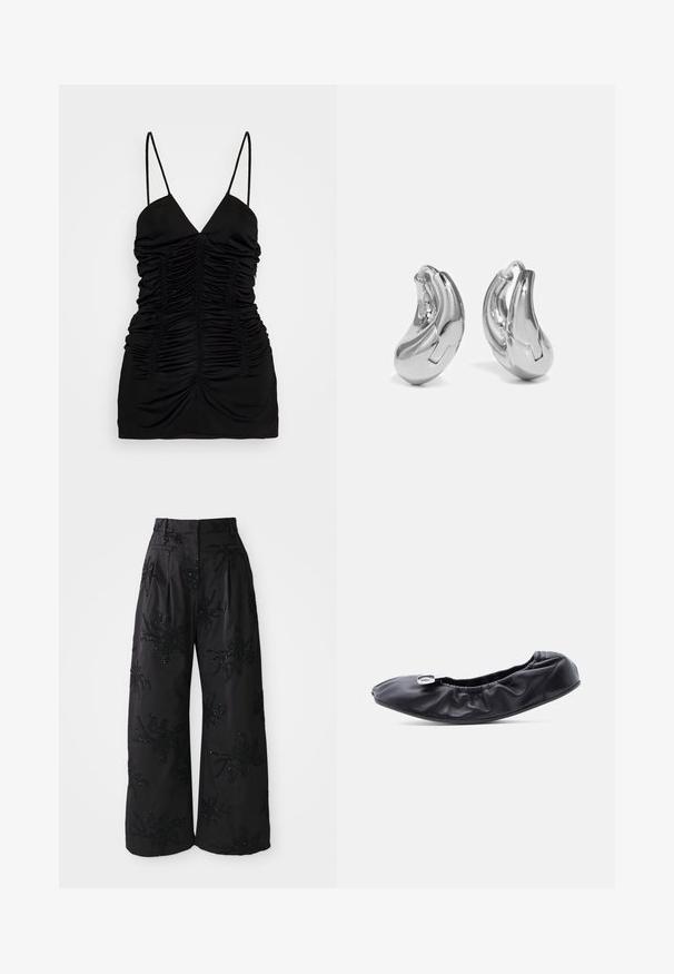 BITE Studios SIRENE - Débardeur - black; Pantalons larges noirs avec des ornements floraux en sequins, dotés d'une taille haute, de plis et de poches latérales pour un look texturé.; Chaussure plate en cuir noir avec un bout arrondi et un design froncé le long de l'ouverture. Présente un détail discret en métal argenté sur le devant.; Boucles d'oreilles en argent en forme de créoles avec une finition incurvée et brillante, et un design sans couture. Équipées d'une fermeture à charnière pour un port sécurisé.