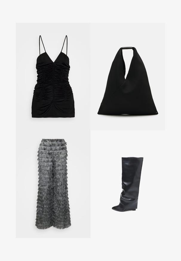 BITE Studios SIRENE - Top - black; Alberta Ferretti TROUSERS - Broek - grey; Bata Laarzen met sleehak - nero; Zwart stoffen draagtas met een uniek V-vormig ontwerp en een gladde textuur. Voorzien van een korte handgreep met minimalistische hardware-details.