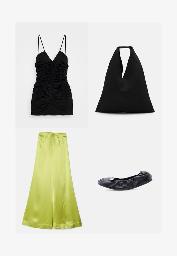 BITE Studios SIRENE - Débardeur - black; Pantalons larges en satin de couleur vert lime vif, avec une texture lisse, des lignes épurées et une ceinture.; Chaussure plate en cuir noir avec un bout arrondi et un design froncé le long de l'ouverture. Présente un détail discret en métal argenté sur le devant.; Sac fourre-tout en tissu noir avec un design en V unique et une texture lisse. Doté d'une courte poignée avec un détail matériel minimaliste.