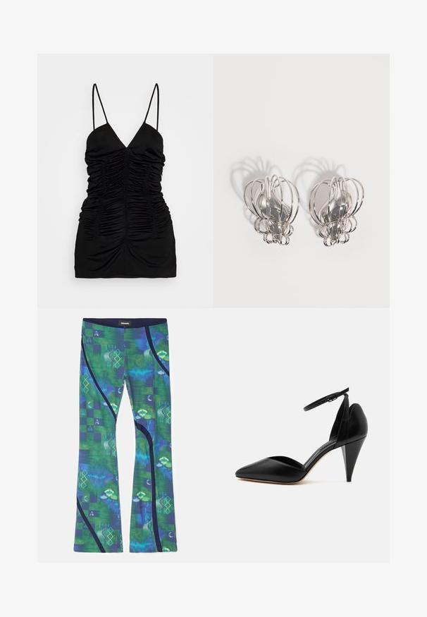 BITE Studios SIRENE - Top - black; Leggings hechos de una tela elástica multicolor que presentan patrones verdes y azules con formas geométricas y acentos en azul oscuro a lo largo de los lados.; Zapato negro de tacón alto con punta puntiaguda, correa en el tobillo y tacón cónico sobre fondo blanco.; Par de pendientes de metal plateado con diseño de jaula de alambre abierto y formas ovaladas centrales lisas que proyectan sombras curvas sobre un fondo blanco.