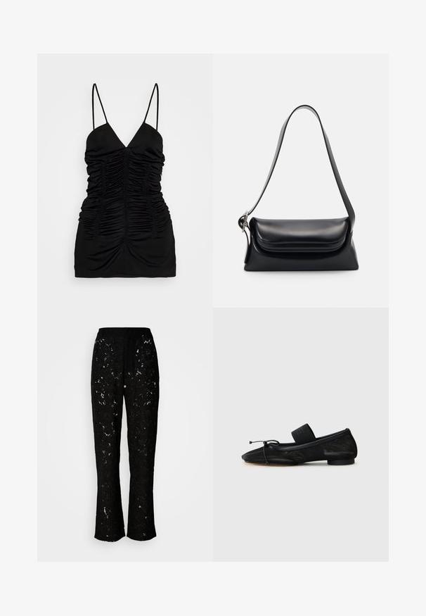 BITE Studios SIRENE - Μπλούζα - black; Μαύροι lace παντελόνες με floral σχέδιο, σε σχεδίαση πλατύ ποδιού και λείο ύφασμα. Διαθέτουν ζώνη στη μέση και ρέουσα σιλουέτα.; Μαύρο επίπεδο παπούτσι με μυτερή μύτη, κατασκευασμένο από υφή υφάσματος, με διακόσμηση φιόγκου και μικρό, στρογγυλό τακούνι. Ελαστική ζώνη στον αστράγαλο.; Μαύρη δερμάτινη τσάντα χεριού με δομημένο σχήμα, απαλή υφή και έναν μόνο ιμάντα ώμου. Διαθέτει μια διακριτική, στρογγυλεμένη σχεδίαση καπακιού.