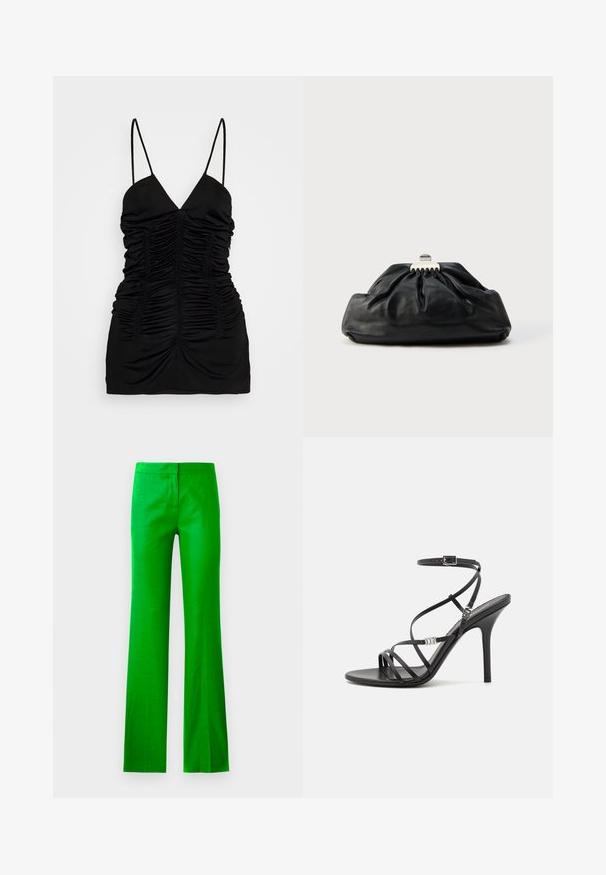BITE Studios SIRENE - Top - black; Pantalones de campana de un verde brillante, hechos de una tela suave, con un frente plano y sin bolsillos visibles. Diseño limpio y minimalista.; Sándalo negro de tacón alto con tiras finas, hebilla en el tobillo, superficie de cuero suave y tacón de aguja esbelto.; Bolso de mano de cuero negro con textura recogida, cierre de broche metálico y logo en relieve sutil en el frente. Forma redondeada.