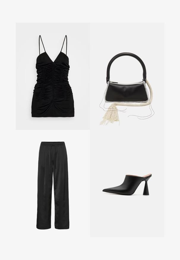 BITE Studios SIRENE - Top - black; Zwarte wijde broek van glad, glanzend materiaal. Voorzien van een elastische tailleband met een koord voor een verstelbare pasvorm.; Zwarte leren muiltjes met een spitse neus en een unieke kegelvormige hak. Glad oppervlak en minimalistisch ontwerp, open achterkant voor gemakkelijk aan- en uittrekken.; Zwarte leren tas met een ronde handgreep, zilveren rits, witte bontafwerking en een lange crèmekleurige kwast aan de voorkant.