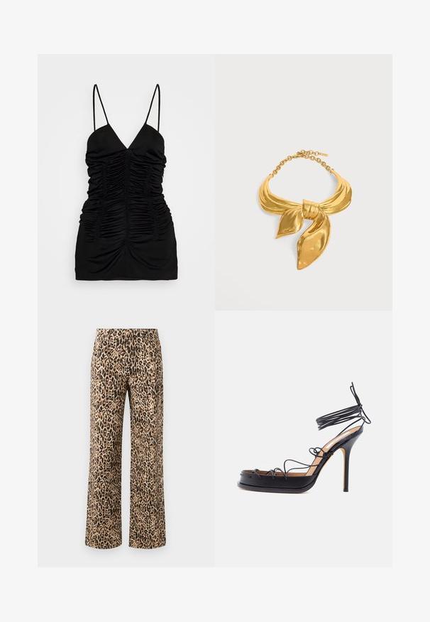 BITE Studios SIRENE - Top - black; Leopardprint wijduitlopende broeken in beige en zwart. Katoenmix stof met een zachte textuur, met een hoge taille en zonder zichtbare hardware.; Zwarte sandaal met hoge hak met dunne leren banden die om de voet en enkel gewikkeld zijn, met een spits toefhak.; Goudkleurige metalen ketting in de vorm van een gestrikte sjaal met een verstelbare schakelsluiting op een witte achtergrond.