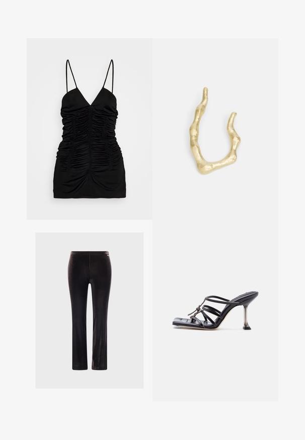 BITE Studios SIRENE - Top - black; Pantalones de terciopelo negro con un ajuste slim, que presentan una textura suave y un brillo sutil, sin herrajes ni patrones visibles.; Sandalia negra de tacón alto con tiras, punta cuadrada y tacón de aguja delgado, con tiras superpuestas y un detalle anudado en la parte superior.; Anillo de tono dorado con un diseño irregular y ondulado. Presenta una superficie texturizada y espesores variables, que se asemejan a formas orgánicas.