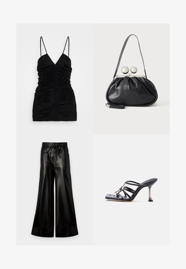 BITE Studios SIRENE - Top - black; Schwarze Leder-Hosen mit weitem Bein und Kordelzugbund. Glatte Textur, hohe Taille, lockere Passform, mit seitlichen Taschen und Knopfverschluss.; Schwarze, Riemchen-Sandalette mit hohem Absatz, quadratischer Zehenform und dünnem Stiletto-Absatz, versehen mit überlappenden Riemen und einer geknoteten Detailgebung am Obermaterial.; Schwarze Ledertasche mit gerafftem Design, einem einzelnen Riemen, silbernem Metallrahmen und zwei großen runden silbernen Verschlüssen.