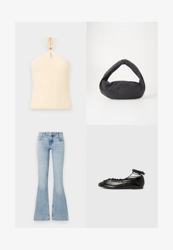 Haut à col licou en maille côtelée couleur crème avec une découpe en forme de trou de serrure et des bretelles fines nouées autour du cou, présenté sur un fond uni.; Jean flare en denim bleu clair avec une taille mi-haute, cinq poches et des coutures bien marquées le long des bords, comportant un système de fermeture à bouton en métal.; Ballerines en cuir verni noir avec un bout rond, un design à lacets et une semelle plate. Texture lisse avec peu de détails.; Sac en tissu gris foncé avec une anse courbée, texture douce et forme arrondie. Pas de matériel ou d'embellissements visibles.