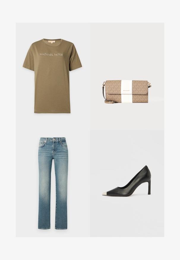 T-shirt vert olive à manches courtes avec de petits clous dispersés et le logo "MICHAEL KORS" imprimé en lettres métalliques sur la poitrine.; Jean en denim bleu avec une coupe droite, présentant des zones décolorées, un design à cinq poches et une fermeture en métal à la taille.; Chaussure à talon haut en cuir noir avec bout pointu et capuchon argenté métallique. Présente une finition lisse et un talon fin de 10 cm.; Pochette Michael Kors marron et beige avec une bande verticale blanche, un logo doré et une sangle de poignet amovible sur fond uni.