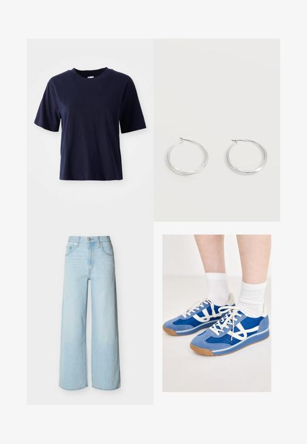 T-shirt en coton bleu marine avec des manches courtes, col rond, coupe décontractée et texture lisse. Pas de motifs ni d'accents visibles.; Jean bleu clair à jambes larges avec une fermeture avant à boutons et zip, des passants de ceinture, et un design classique à cinq poches.; Baskets de sport bleues avec une tige en daim et en mesh, accents blancs, lacets plats et semelles en caoutchouc gomme, accompagnées de chaussettes blanches à côtes.; Boucles d’oreilles créoles en métal argenté avec une surface lisse légèrement incurvée et des fermoirs à clapet sur un fond blanc uni.