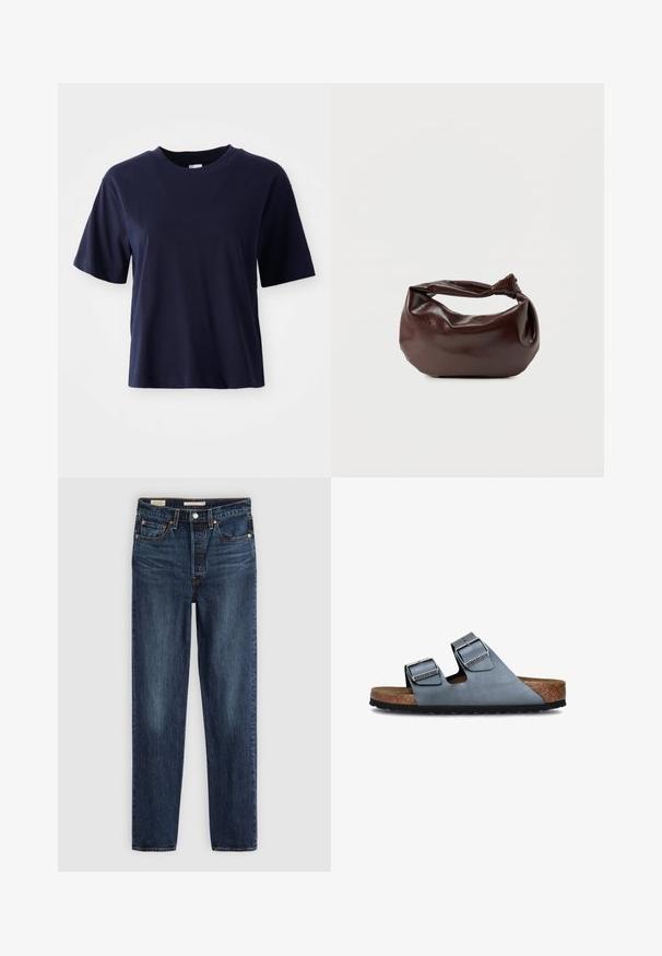 T-shirt en coton bleu marine avec des manches courtes, col rond, coupe décontractée et texture lisse. Pas de motifs ni d'accents visibles.; Jeans droits bleu foncé avec cinq poches, fermeture à bouton et à glissière, et surpiqûre contrastante.; Sandales à deux lanières en cuir bleu doux avec une semelle en liège et une semelle extérieure en caoutchouc noir. Caractéristiques des boucles en argent brillant sur chaque lanière.; Sac bandoulière en cuir marron foncé avec une forme souple et décontractée et une anse nouée torsadée sur un fond blanc uni.