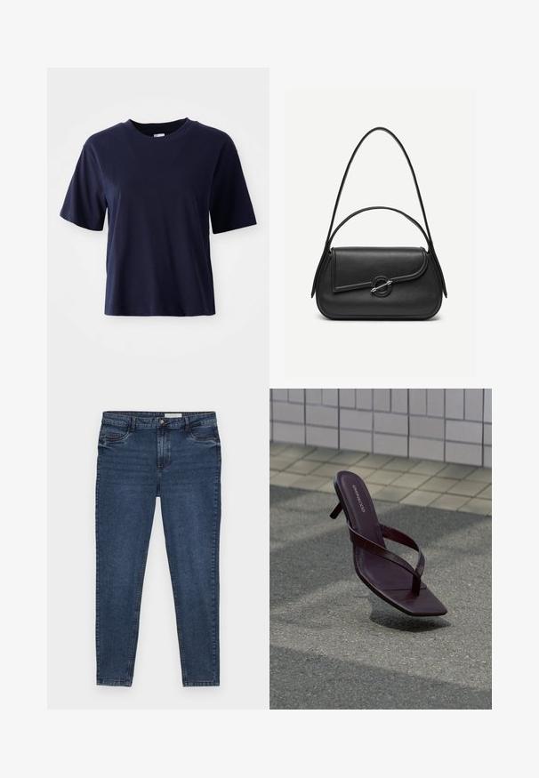 Mørkeblå bomulds T-shirt med korte ærmer, rund halsudskæring, afslappet pasform og glat tekstur. Ingen synlige mønstre eller detaljer.; Mørkeblå denim jeans med slim fit, fem lomme-design og guld stikninger. Har en lynlås og knap lukning. Glat tekstur.; Mørkebrune sandaler med hæl, firkantet tå og tynde stropper svævende over tekstureret fortov nær flisevæg.; Sort læderhåndtaske med afrundede kanter, asymmetrisk klap, metalcirkulært spænde samt både korte og lange skulderstropper.