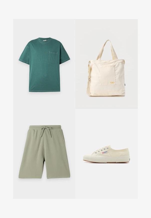 Camiseta de manga corta en color teal con costuras blancas y un bolsillo en el lado izquierdo del pecho, exhibida contra un fondo blanco liso.; Pantalones cortos verde claro hechos de una tela texturizada con cintura elástica y cordón. Corte recto y diseño hasta la rodilla.; Zapatillas de lona beige con un diseño de perfil bajo, ojales de metal y suela de goma. Presenta un patrón texturizado y detalle del logo en el lateral.; Bolsa tote de lona color crema con bolsillo delantero, dos asas, correa de hombro ajustable y pequeño texto amarillo "O.N.S" en la parte inferior derecha del bolsillo.