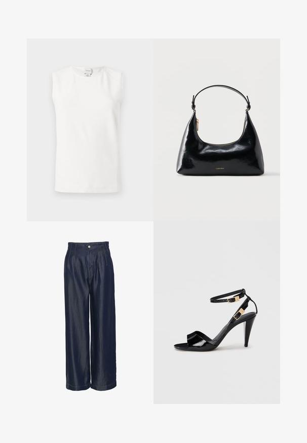 Hvid ærmeløs top med rund hals og Calvin Klein-mærkat på bagsiden af kraven, vist på en ensartet lys baggrund.; Marineblå denim bukser med vid ben, høj talje, forsynede med frontfolder og guldstof-detaljer, glat tekstur og knaplukning.; Sorte patentlæder højhælede sandaler med dobbelte ankelremme og guldspænder, åben tå og slank taperet hæl på neutral baggrund.; Sort blank Calvin Klein håndtaske med gyldent lynlås og kort rem mod en ensfarvet hvid baggrund.