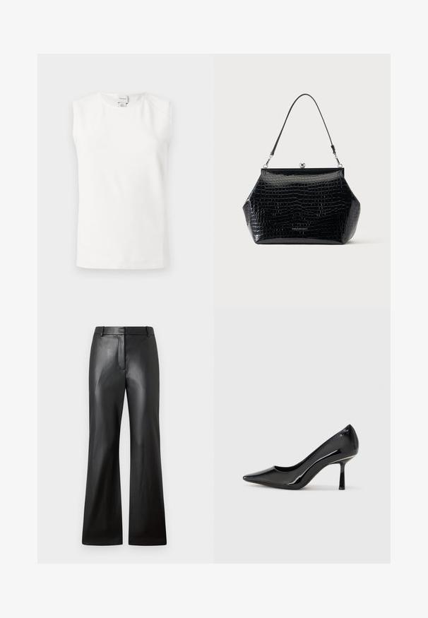 Weißes ärmelloses Top mit Rundhalsausschnitt und Calvin Klein-Label am Kragen hinten, präsentiert vor einem schlichten hellen Hintergrund.; Schwarze Lederhosen mit glatter Textur, weit geschnittenem Design und mid-rise Bund mit Gürtelschlaufen und Fronttaschen.; Schwarze Lackleder-Pumps mit hohem Absatz, spitzem Zehenbereich, eleganter Form und schlankem Stiletto-Absatz, mit einer glatten, glänzenden Oberfläche.; Schwarze Lacklederhandtasche mit Krokodilprägung, silberner Verschluss und einem dünnen Schulterriemen vor einfarbigem Hintergrund.