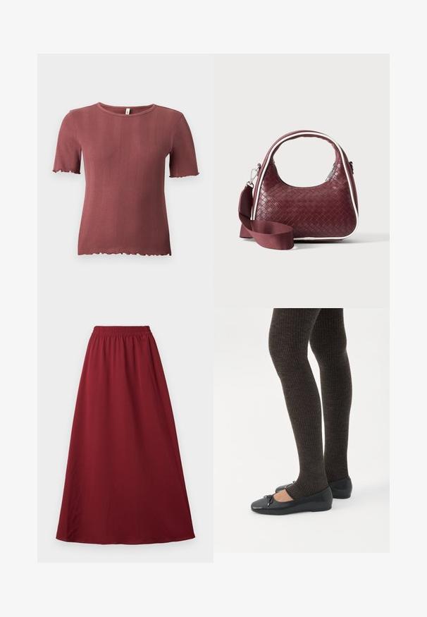 Kortærmet, ribstrikket top i støvet rosa med rund hals og diskret salatkant ved ærmer og kant.; Bordeaux maxi nederdel med elastisk talje, der har et glat, flydende stof og et enkelt, uprydet design.; Ben iført mørke ribbede leggings kombineret med sorte balletsko med små sløjfedetaljer på hvid baggrund.; Mørkerød vævet lædertaske med buet hank, hvid kant, sølv lynlås og aftagelig bred stofskulderrem mod en ensfarvet baggrund.