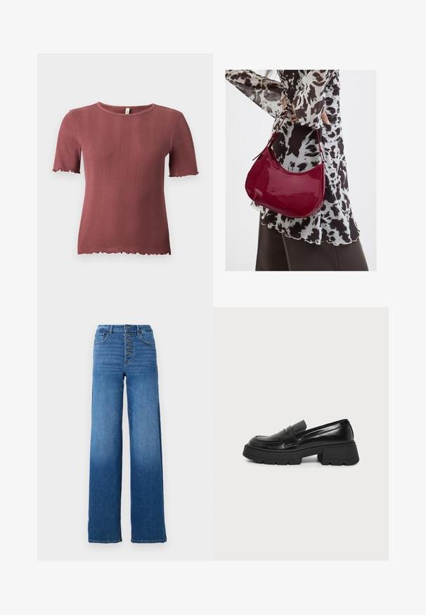 Haut à manches courtes en tricot côtelé couleur rose poussiéreux, à col rond et bordure subtile ondulée aux manches et à l'ourlet.; Jean en denim bleu à jambes larges avec une taille haute et une fermeture à cinq boutons. Caractéristiques : couture classique et ourlet net.; Mocassin en cuir noir avec semelle plateforme épaisse et petit talon carré, profil latéral visible sur fond clair uni.; Femme portant un chemisier à motif noir et blanc tenant un sac à main rouge brillant sur un fond uni.