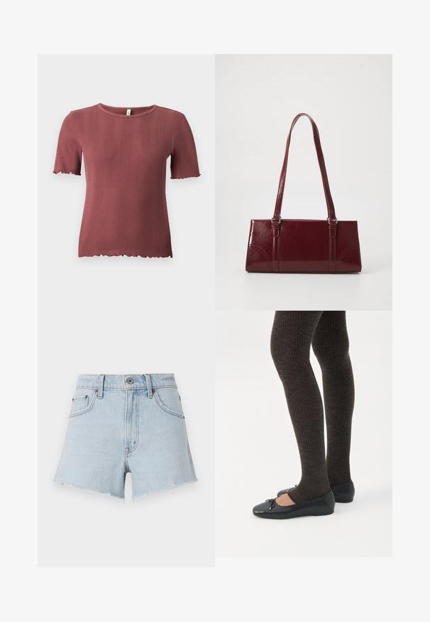 Kortærmet, ribstrikket top i støvet rosa med rund hals og diskret salatkant ved ærmer og kant.; Lyseblå denimshorts med høj talje, frynsede kanter og fem lommer. Har metalknap og kontrastsying.; Ben iført mørke ribbede leggings kombineret med sorte balletsko med små sløjfedetaljer på hvid baggrund.; Bordeaux håndtaske lavet af glansfuldt materiale, rektangulær form, med to skulderremme og subtile buede detaljer på forsiden.