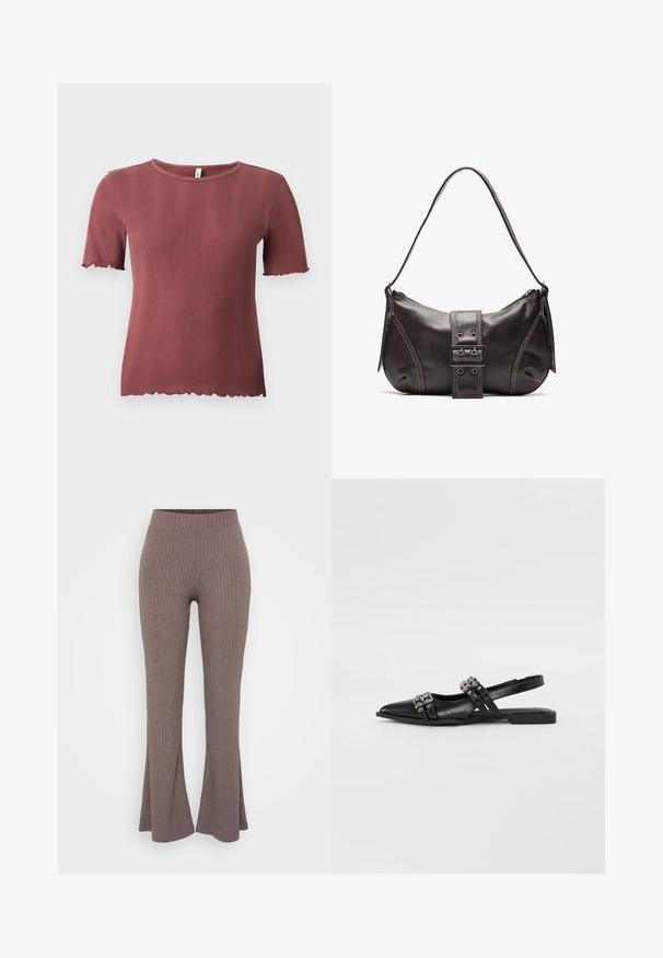 Top de punto acanalado de manga corta en rosa polvo con cuello redondo y borde sutil con efecto ondulado en las mangas y el dobladillo.; Pantalones acampanados de canalé marrones con una cinturilla alta y elástica, y una textura suave, que presentan un sutil patrón vertical en toda su superficie.; Even&Odd by Zalando Bailarinas con tira trasera - black; Bolso de hombro de cuero marrón con forma curva, que presenta un prominente detalle de hebilla, costuras en contraste y una sola correa para el hombro.