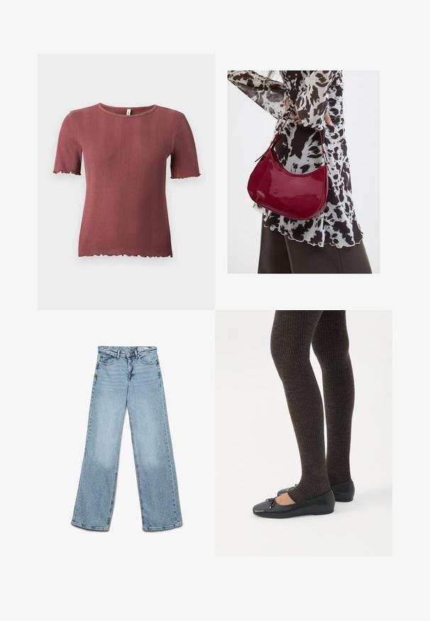 Kortærmet, ribstrikket top i støvet rosa med rund hals og diskret salatkant ved ærmer og kant.; Lyseblå højtaljede jeans med vide ben, knap- og lynlås-lukning, for- og baglommer samt bæltestropper.; Ben iført mørke ribbede leggings kombineret med sorte balletsko med små sløjfedetaljer på hvid baggrund.; Kvinde iført en sort- og hvidmønstret bluse, der holder en blank rød skuldertaske mod en ensfarvet baggrund.