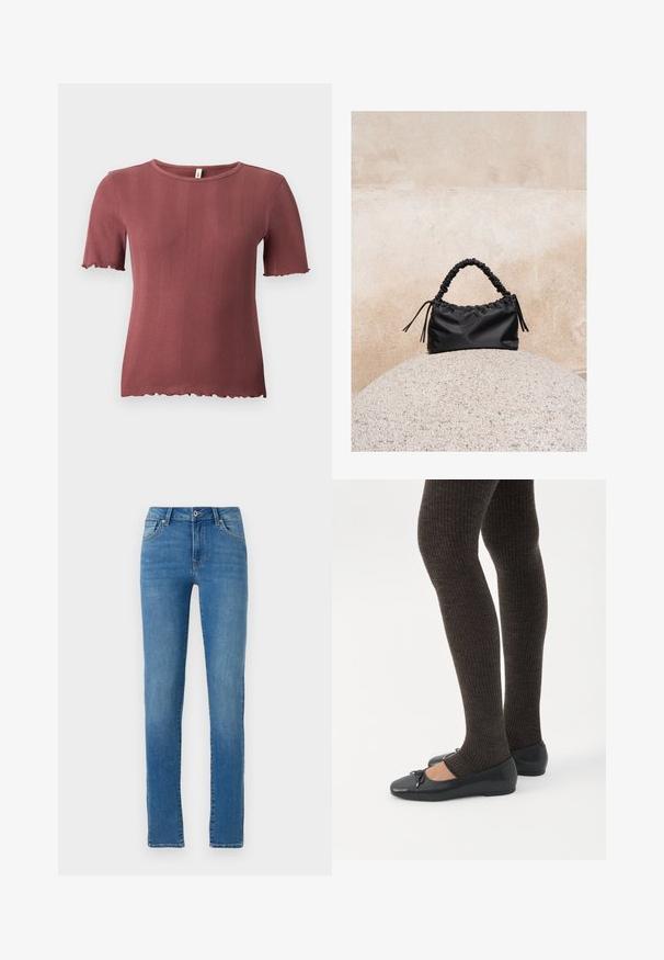 Korte mouw, geribbelde gebreide top in stoffige roos met een ronde hals en subtiele slabrandafwerking aan de mouwen en zoom.; Blauwe denim jeans met een rechte pasvorm, vijf zakken, sluiting met een knoop aan de voorkant en subtiele stiksels. Schoon ontwerp met een middelgrote wassing.; Benen met donkere geribbelde leggings gecombineerd met zwarte ballerina's met kleine strikdetails op een witte achtergrond.; Zwarte gerimpelde handtas met een samengevoegde handvat, rustend op een gestructureerde stenen bol tegen een beige betonnen muur.