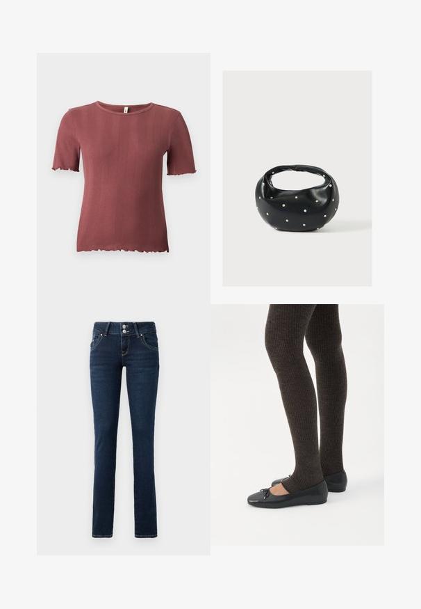 Korte mouw, geribbelde gebreide top in stoffige roos met een ronde hals en subtiele slabrandafwerking aan de mouwen en zoom.; Donkerblauwe skinny jeans met dubbele knoopsluiting, voorzakken en gele stiksel op een witte achtergrond.; Benen met donkere geribbelde leggings gecombineerd met zwarte ballerina's met kleine strikdetails op een witte achtergrond.; Zwarte leren handtas met een afgeronde vorm, versierd met zilveren studs, en een korte handgreep. Gladde textuur en ritsluiting.