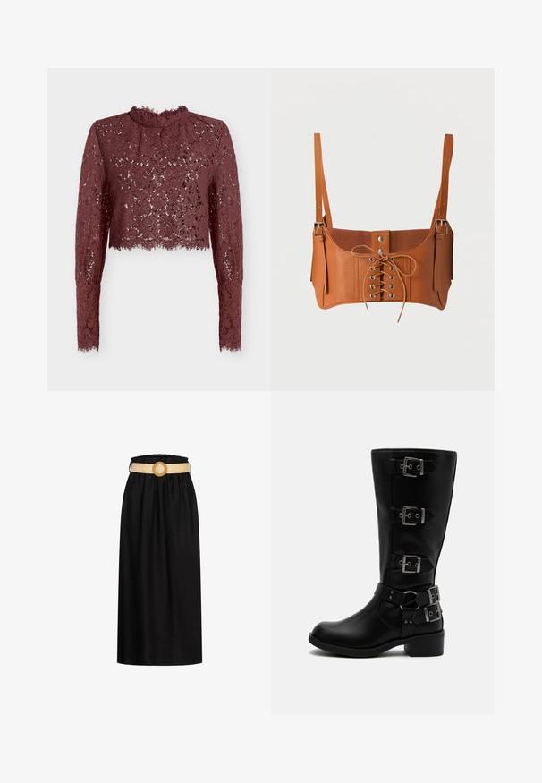 Bourgognefarvet blonde crop top med lange ærmer og høj hals. Har blomsterprint, bølget kant og gennemsigtig tekstur.; Sort midi-skrædder lavet af blødt stof, med en elastisk talje og et vævet beige bælte med en cirkulær spænde.; Sort støvle i læder til midt på læggen med fire justerbare metalspænder og en lav blokhæl på hvid baggrund.; Brun læder croppet bustier med snørredetaljer foran, sølv øjer, trykknapper og justerbare skulderstropper med metalspænder.