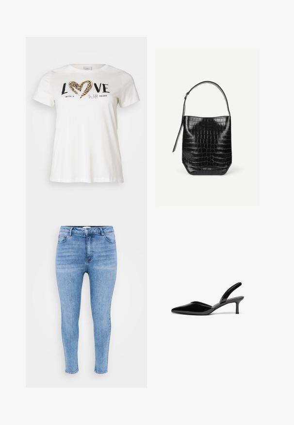 Hvid T-shirt med rund halsudskæring, prydet med "LOVE" i sort og et hjerte i leopardprint, accentueret med "with a wild heart" i kursiv.; Lysblå skinny jeans lavet af denim, med høj talje, fem-lomme design og let falmning langs lårene.; Sorte patentlæder slingback hæle med spids tå, lav stiletto hæl og et elegant, enkelt design uden pynt.; Sort spandtaske i krokodillepræget læder med enkelt skulderrem og lille sølvfarvet mærkelogo foran nederst i midten.