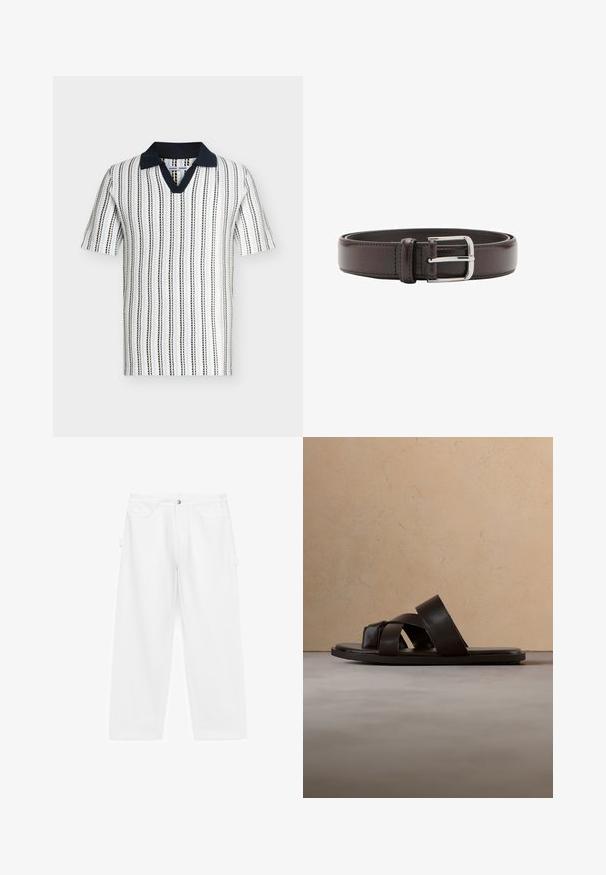Polo de punto de manga corta con rayas verticales negras y azules sobre fondo blanco, con cuello sólido de color azul marino oscuro y abertura en V.; Pantalones cargo blancos de algodón, con un diseño de pierna ancha, bolsillos laterales y un estilo tradicional de cinco bolsillos con cierre de botón.; Sandalia deslizante de cuero negro con tres tiras cruzadas, suela plana y textura suave, suspendida sobre una alfombra de fibra natural tejida.; Cinturón de cuero marrón oscuro con hebilla metálica plateada, enrollado y colocado plano sobre un fondo blanco.