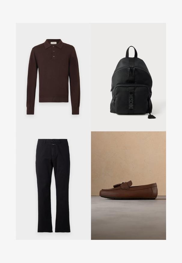 Brun langærmet poloshirt lavet af blødt materiale; har en klassisk krave, tre-knaps lukning og ribbet ærmekanter.; Sorte bomuldsbukser med lige ben, forreste knaplukning og to sidelommer; glat tekstur uden synlige mønstre.; Brun læderloafer med frynser, der hviler på et beige struktureret tæppe foran en lysebrun sofa.; Sort Moschino rygsæk med topgreb, lynlåslomme foran og synligt logo på stroppen på frontlommen mod en ensartet lys baggrund.