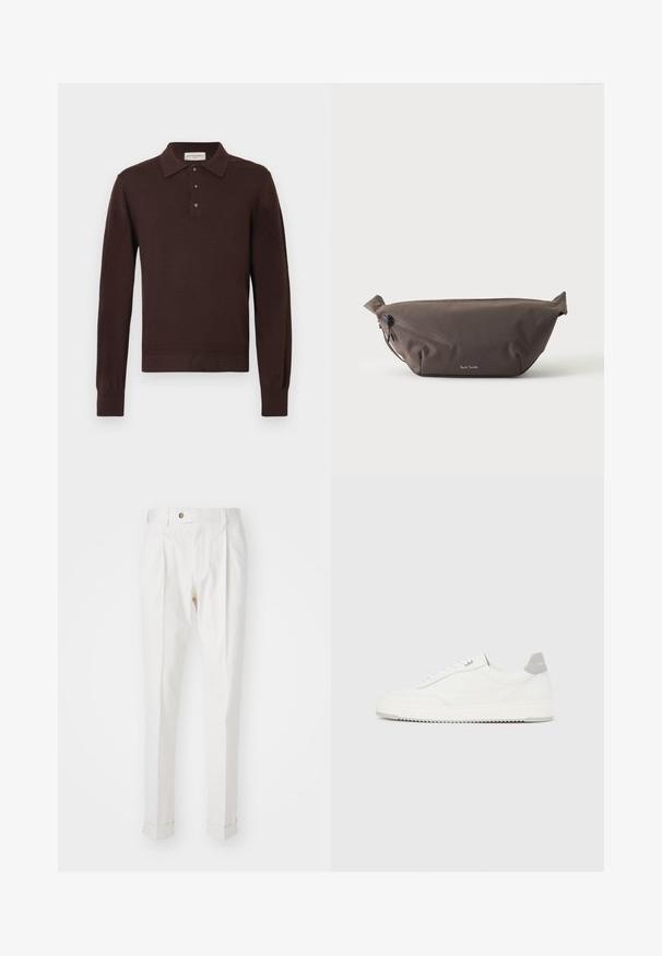 Polo de manga larga marrón hecho de material suave; cuenta con un cuello clásico, una tapeta con tres botones y puños acanalados.; Pantalones blancos, ajustados, con un frente plano, dos pliegues y puños enrollados. Hechos de una tela suave con un cierre de botón en la cintura.; Zapatilla blanca de corte bajo con pestaña en el talón gris, cordones blancos y suela texturizada, presentada sobre un fondo claro y liso.; Riñonera de tela marrón oscuro con bolsillo diagonal con cremallera y pequeño logo blanco en el frontal, sobre un fondo liso y claro.
