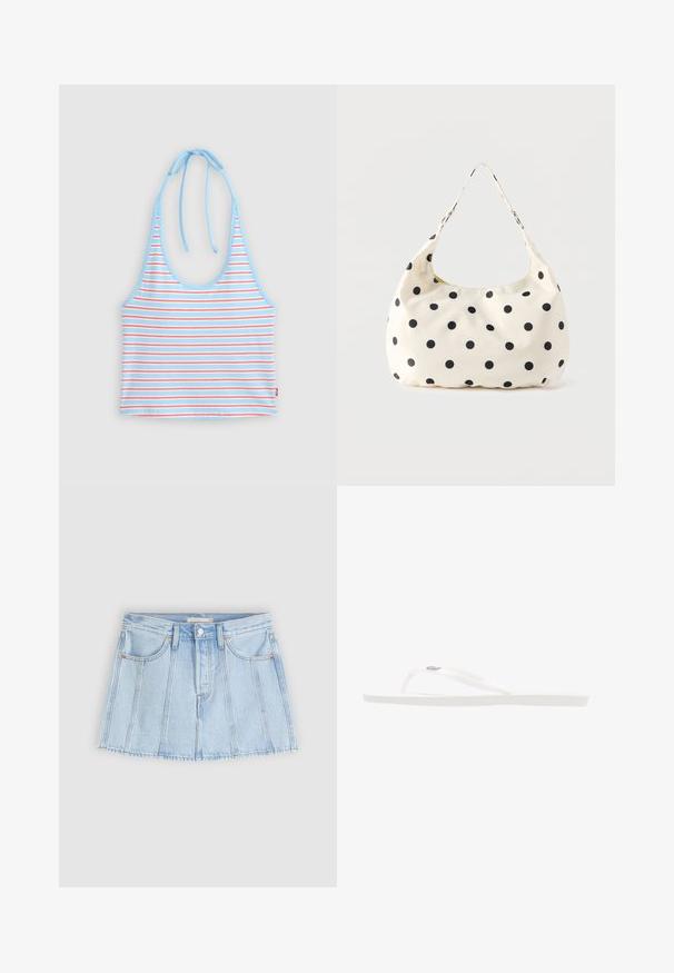 Top court bleu clair à col halter avec de fines rayures horizontales rouges et blanches, noué à l'arrière du cou.; Mini-jupe en jean bleu clair avec bouton et fermeture éclair à l'avant, passants pour ceinture, deux poches avant et détails de coutures verticales.; Tongs blanches avec des fines sangles et une semelle texturée. Design minimaliste caractérisé par une forme simple et sans motifs ou accents voyants.; Sac à main en tissu crème avec des pois noirs et une seule bandoulière, présenté sur un fond blanc uni.