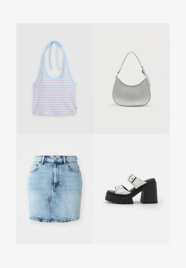 Lichtblauw halter crop top met dunne horizontale rode en witte strepen, gestrikt aan de achterkant van de nek.; Lichtblauwe denimrok met een aansluitende pasvorm, vijf zakken, een knoop- en ritssluiting en gestikte details langs de zoom.; Chunky hak sandaal met een zwarte rubberen zool, een witte synthetische bovenkant, twee verstelbare zilveren gespen en een dikke plateauzool.; Zilveren faux leren handtas met een gebogen vorm, korte verstelbare schouderband en een gladde textuur, voorzien van minimale stikseldetails.