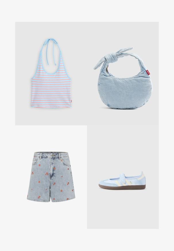 Top court bleu clair à col halter avec de fines rayures horizontales rouges et blanches, noué à l'arrière du cou.; Shorts en denim bleu clair avec des broderies florales rouges. Présentent une taille haute, des poches avant et une coupe droite.; Baskets bleu clair avec une sangle à velcro, des bandes crème sur les côtés, tige en tissu souple, semelle en caoutchouc marron texturée.; Sac à bandoulière en denim bleu clair avec un détail noué sur la poignée et une petite étiquette rouge Levi's sur le côté.