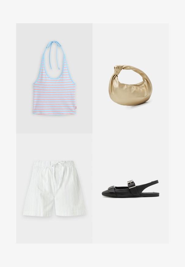 Top court bleu clair à col halter avec de fines rayures horizontales rouges et blanches, noué à l'arrière du cou.; Shorts pour homme en tissu léger, avec des rayures verticales bleu clair et blanches, dotés d'une taille élastique et d'un cordon de serrage.; Chaussure en cuir noir à bride arrière avec semelle plate, bout carré et deux sangles à boucle sur le dessus. Texture lisse avec un minimum de détails.; Sac à main en métal doré avec une texture lisse et brillante. Il possède une anse nouée et une forme arrondie et douce. Fermeture zippée sur le dessus.