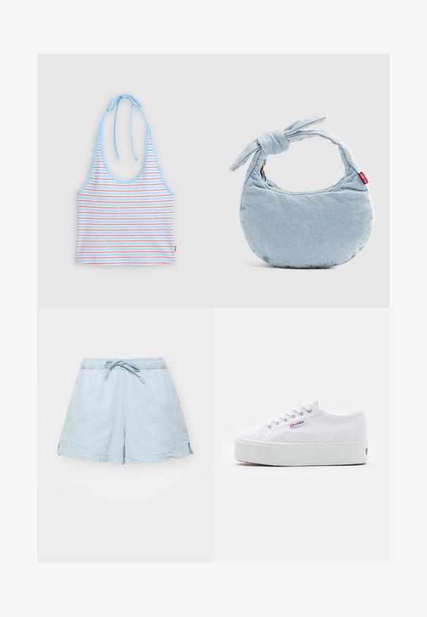 Lyseblå halter crop top med tynde horisontale røde og hvide striber, bundet i nakken.; Lysblå, letvægts shorts med elastisk talje og snøre. Har sidelommer og en afslappet pasform, lavet af blødt stof.; Hvide canvas sneakers med en tyk hvid platformssål, rund tå og metaløjelets til snørebånd. Mærkets logo præsenteret på siden.; Lyseblå denim skuldertaske med knudedetalje på håndtaget og en lille rød Levi's-mærkat på siden.