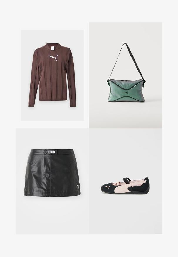 Pull marron à manches longues avec des rayures verticales texturées et un logo Puma blanc centré sur la poitrine sur un fond uni.; Jupe en faux cuir noir avec une texture lisse, arborant un logo PUMA à la taille et un petit logo sur l'ourlet.; Ballerines en suède noir et rose clair avec des sangles élastiques, un bout arrondi et une semelle en caoutchouc texturée, arborant un petit logo à l'avant.; Petit sac d'épaule vert irisé avec bordure noire, sangle réglable noire, fermeture éclair et logo Puma au centre avant.