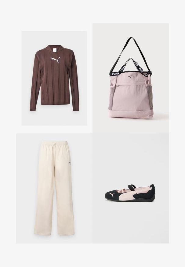 Pull marron à manches longues avec des rayures verticales texturées et un logo Puma blanc centré sur la poitrine sur un fond uni.; Pantalons larges beige clair avec une taille élastique et un cordon de serrage. Dotés d'un petit logo noir sur le côté. Texture lisse.; Ballerines en suède noir et rose clair avec des sangles élastiques, un bout arrondi et une semelle en caoutchouc texturée, arborant un petit logo à l'avant.; Sac fourre-tout Puma rose clair avec bandoulière noire, poignées courtes avec logo Puma, poche avant zippée et poches latérales en mesh.