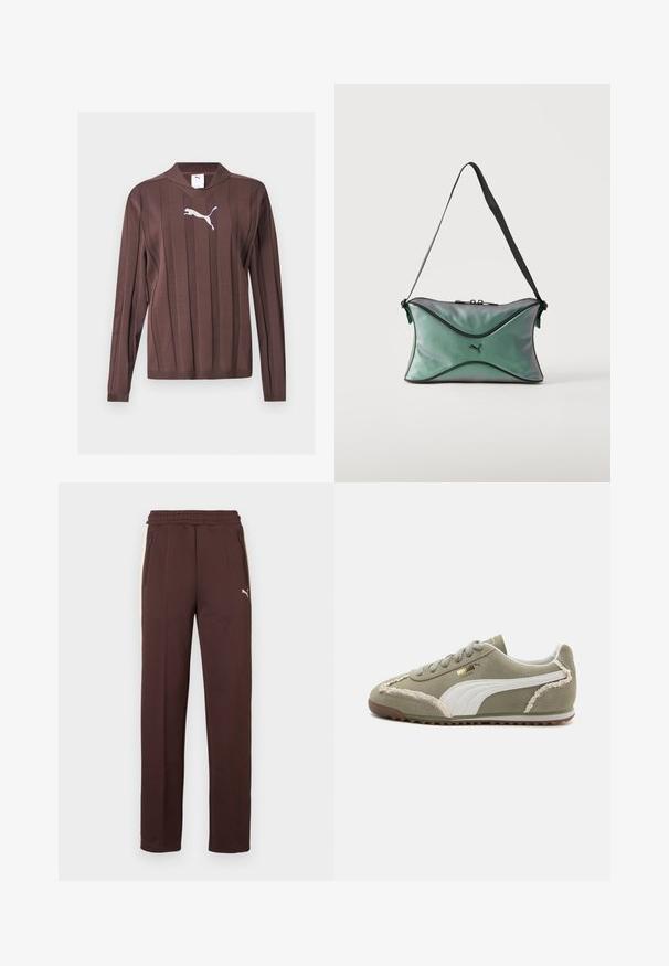 Brun langærmet sweater med lodrette teksturerede striber og en hvid Puma-logo centreret på brystet mod en ensfarvet baggrund.; Brune joggingbukser med en tekstureret overflade, elastisk taljebånd, sidelommer med lynlåse og et logo på venstre ben.; Grønne ruskind sneakers med hvide læderdetaljer, struktureret syning, snørelukning og gummisål. Har unikke designfunktioner langs siderne.; Lille grøn iriserende skuldertaske med sort kant, sort justerbar rem, lynlås og Puma-logo på forsiden i midten.