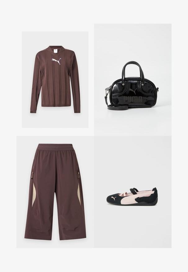 Pull marron à manches longues avec des rayures verticales texturées et un logo Puma blanc centré sur la poitrine sur un fond uni.; Pantalon marron à jambes larges raccourci avec taille élastique et empiècements latéraux beiges, avec poches zippées de chaque côté.; Ballerines en suède noir et rose clair avec des sangles élastiques, un bout arrondi et une semelle en caoutchouc texturée, arborant un petit logo à l'avant.; Sac à main en cuir verni noir avec des poignées supérieures doubles, une bandoulière amovible, une forme arrondie et un logo "PUMA" en relief bien visible.
