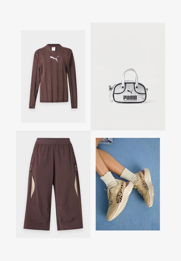 Brun langærmet sweater med lodrette teksturerede striber og en hvid Puma-logo centreret på brystet mod en ensfarvet baggrund.; Brune vidde cropped bukser med elastisk talje og beige sidepaneler, med lynlåslommer på begge sider.; Benen krydset iført beige Puma-sneakers med leopardstriber og flæset cremefarvede sokker på et blåt tæppebelagt gulv.; Lille sølvfarvet Puma håndtaske med sorte kanter, to håndtag, aftagelig skulderrem og Puma-logo med slogan foran.
