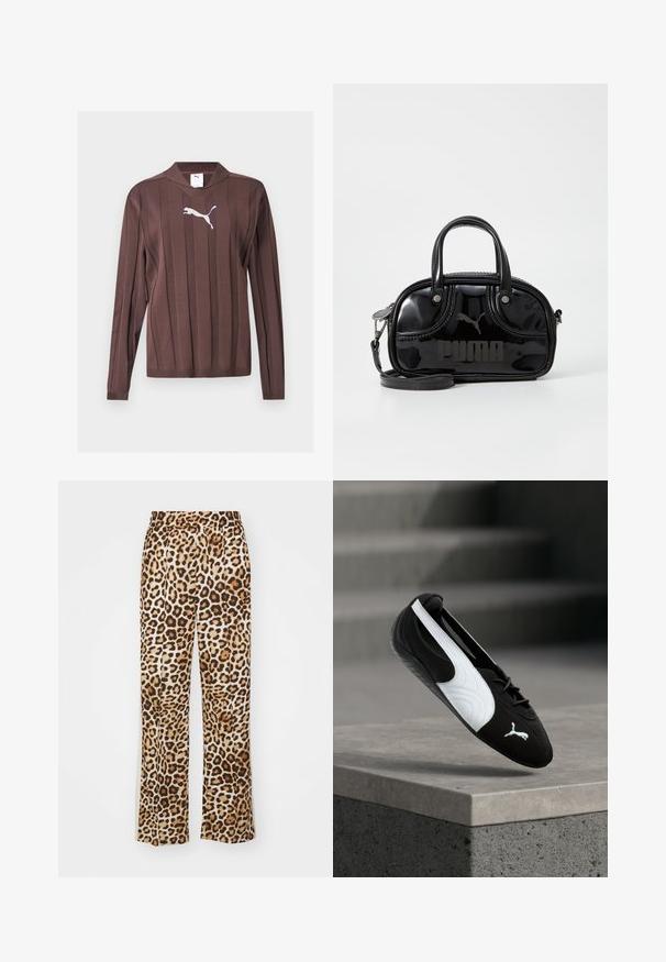 Jersey marrón de manga larga con rayas verticales texturizadas y un logo blanco de Puma centrado en el pecho sobre un fondo liso.; Pantalones de leopardo fabricados en un material suave, con un corte holgado, piernas anchas y una cinturilla elástica en tonos beige y marrón.; Zapatilla Puma en blanco y negro con cordones flotando sobre un borde de hormigón contra un fondo borroso de escaleras grises.; Bolso de mano de charol negro con dos asas superiores, correa para el hombro desmontable, forma redondeada y destacado logo en relieve de "PUMA".